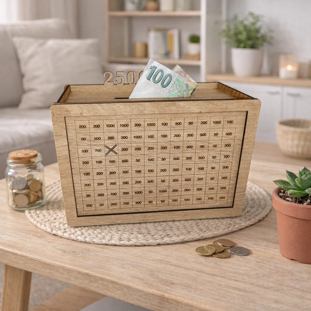 Vyškrtávací dřevěná pokladnička