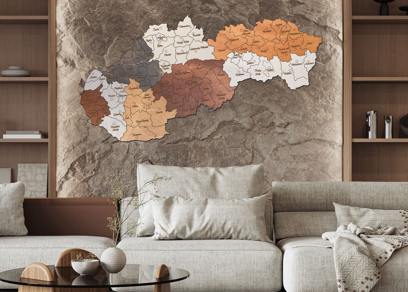 Dřevěná mapa Slovenska – Barevné kraje s okresy