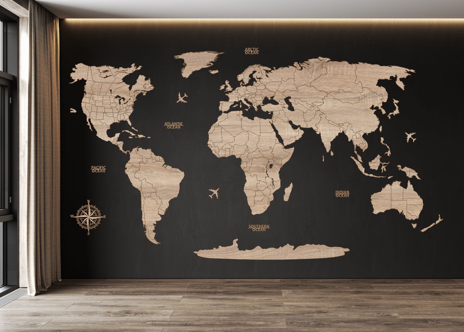 Dřevěná mapa světa se státními hranicemi