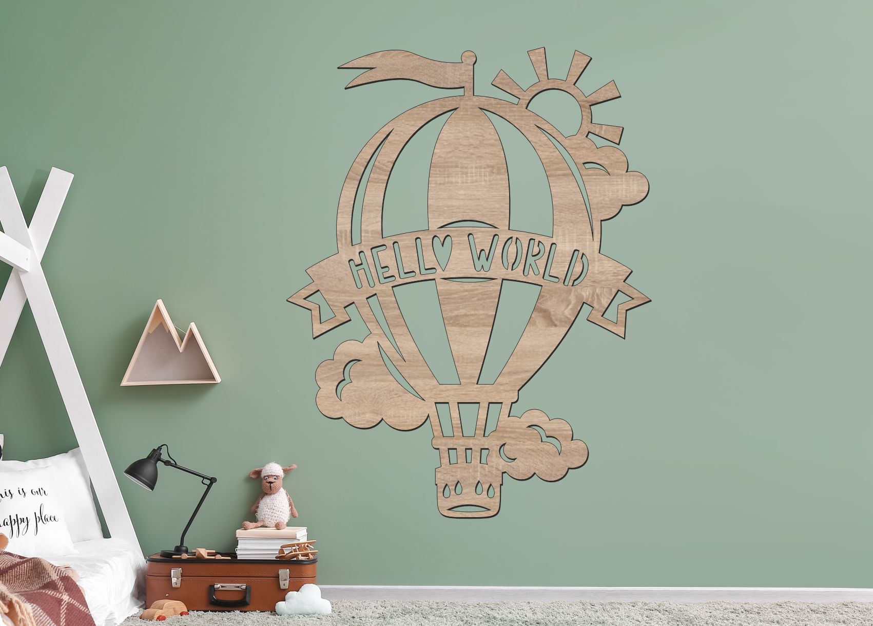 Dřevěný obrázek do dětského pokoje – Balón Hello World