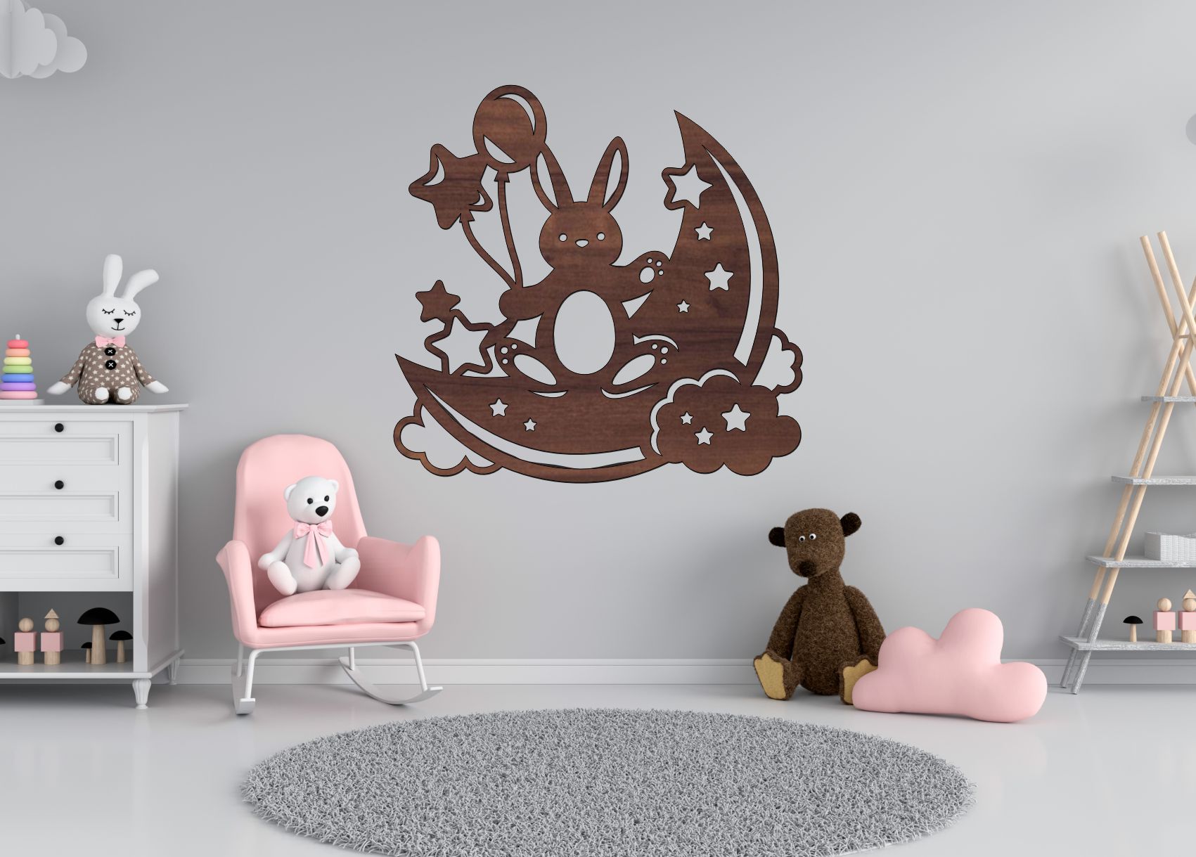 Dřevěný obrázek do dětského pokoje – Králíček na měsíci