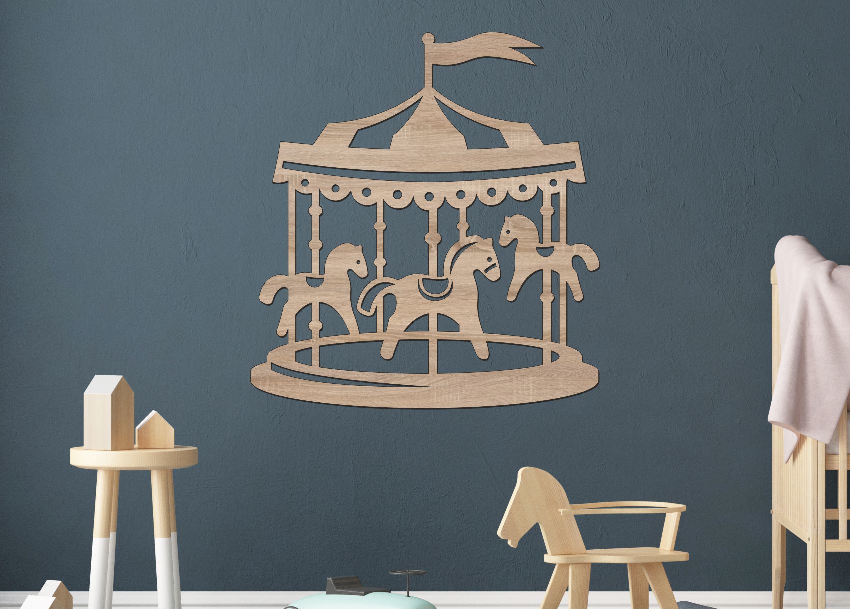 Dřevěný obrázek do dětského pokoje – Kolotoč s koníky