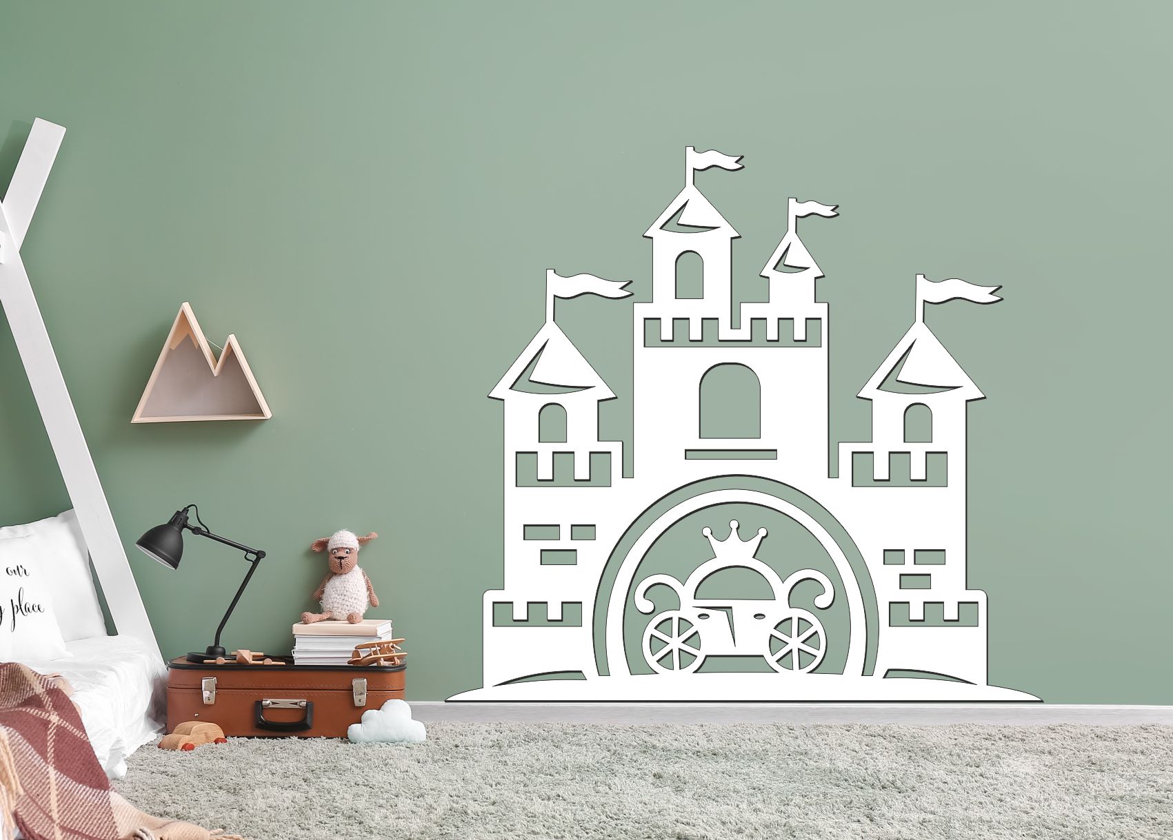 Dřevěný obrázek do dětského pokoje – Zámek s kočárem