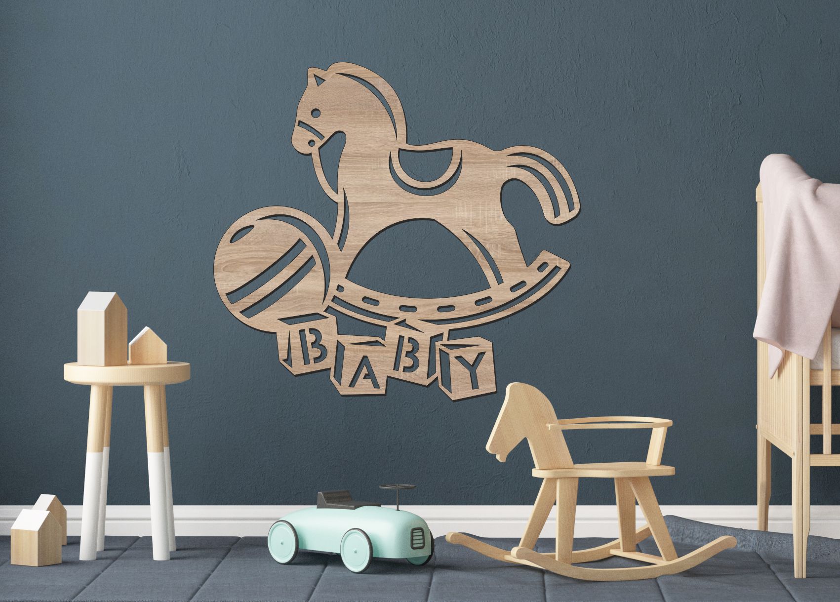 Dřevěný obrázek do dětského pokoje – Houpací koník BABY