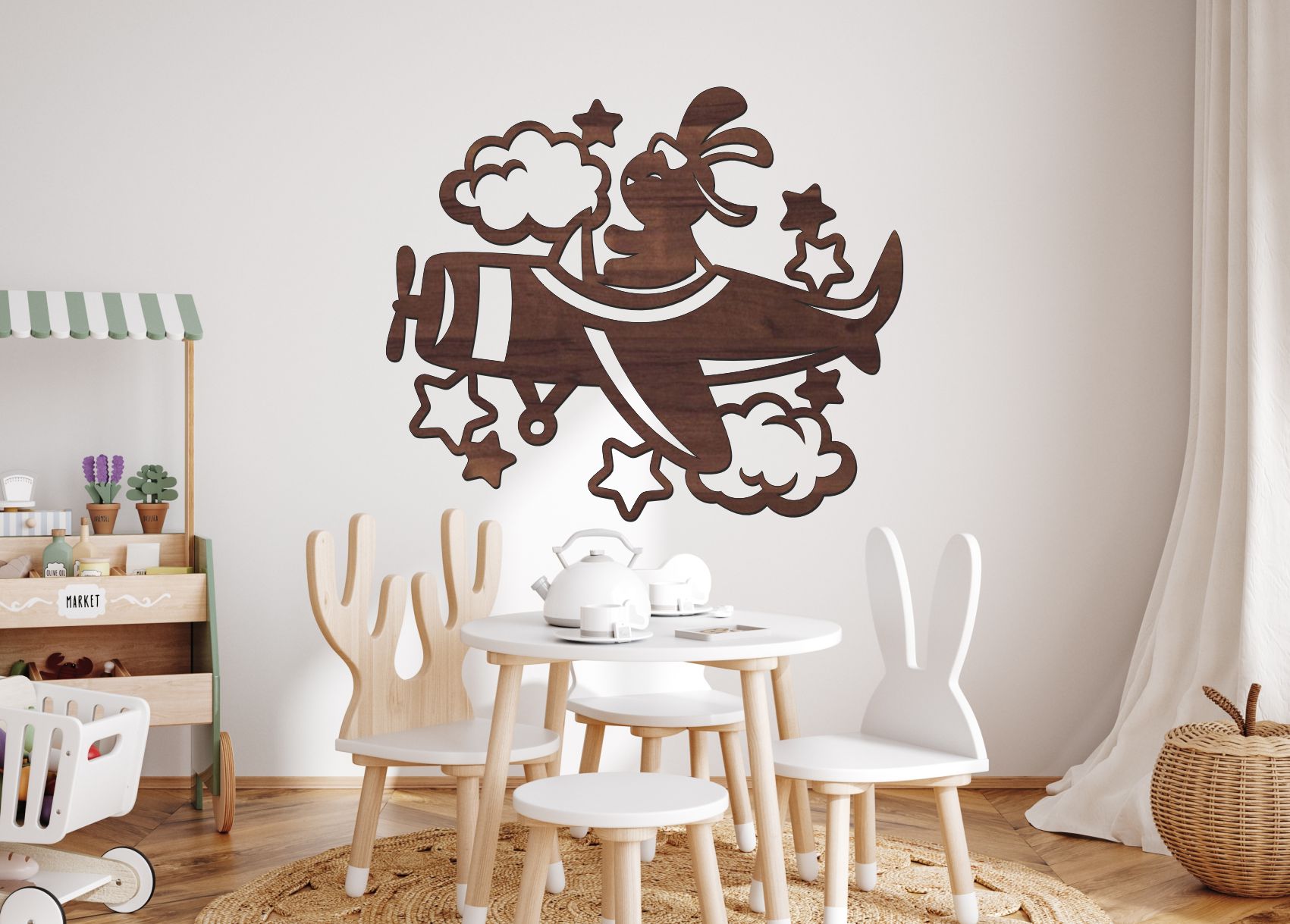 Dřevěný obrázek do dětského pokoje – Králíček v letadle