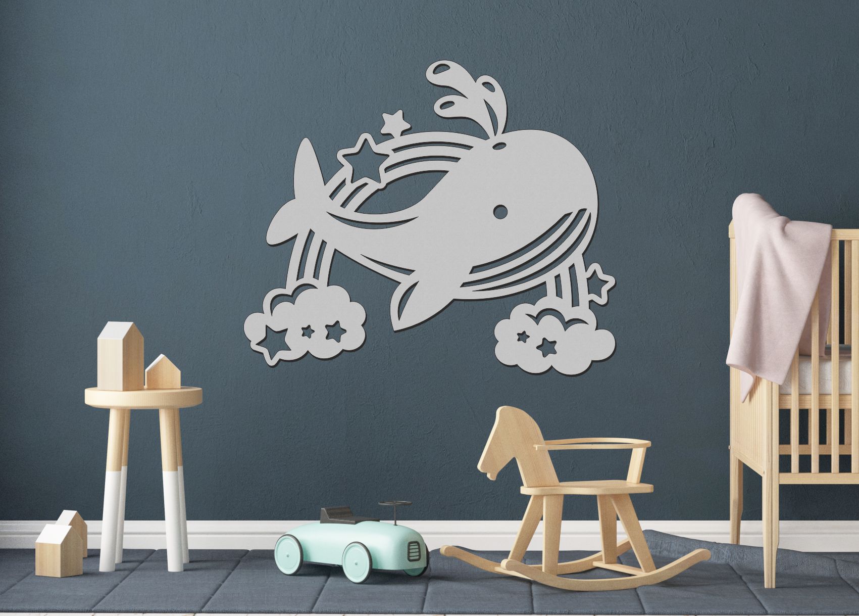 Dřevěný obrázek do dětského pokoje – Velryba s duhou