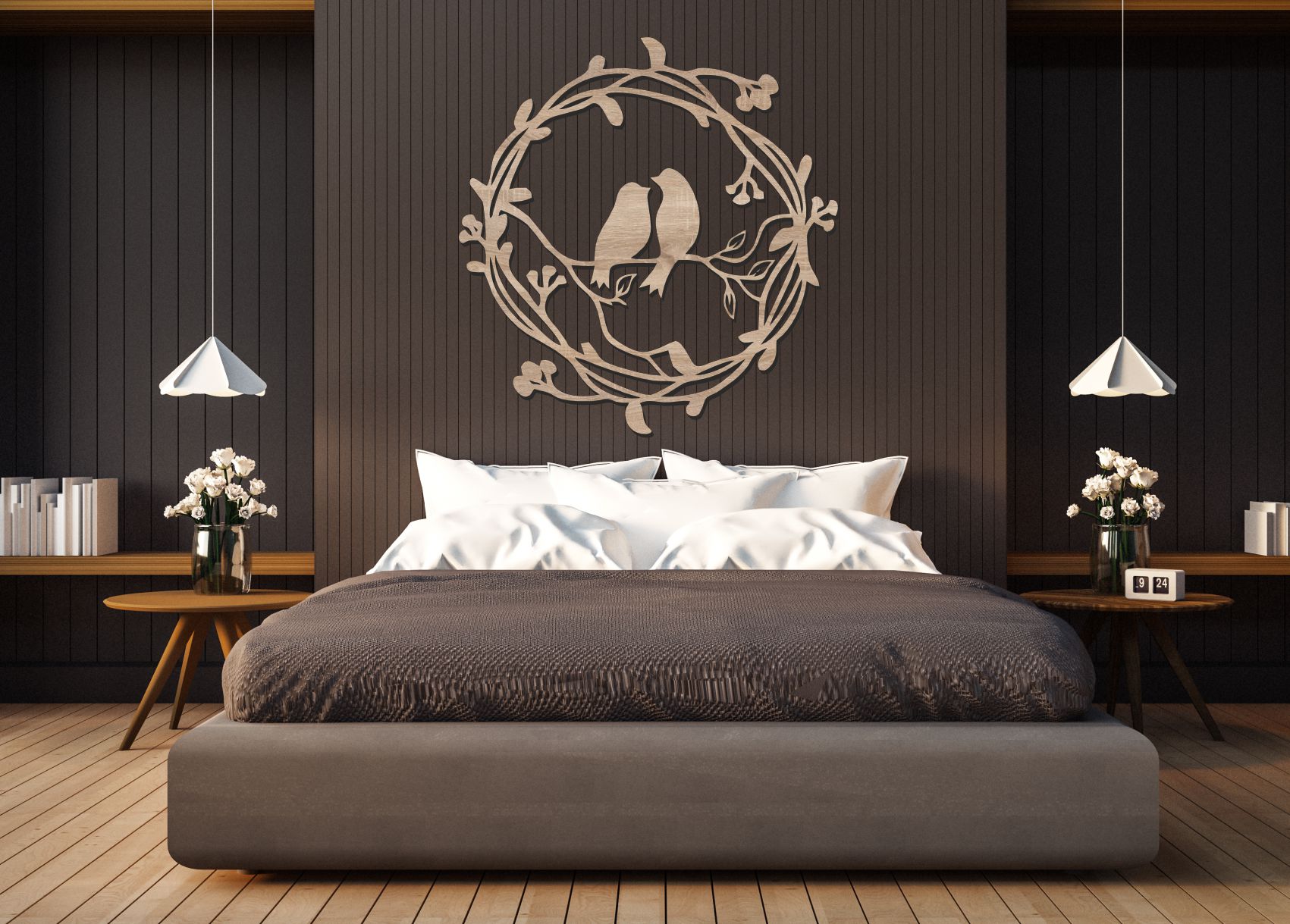 Dřevěný obraz – Ptáčci v kruhu z větviček