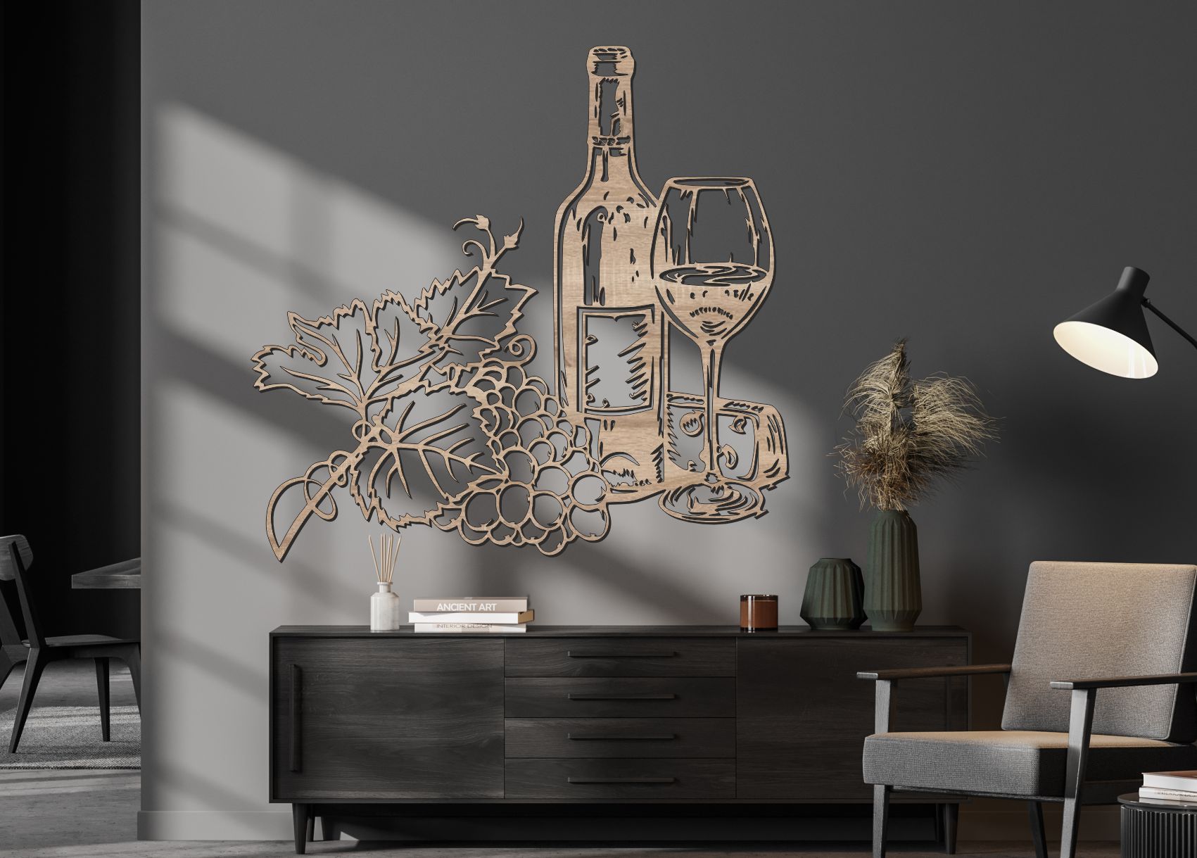 Vinný set – Láhev a sklenka vína – Dřevěný obraz na stěnu