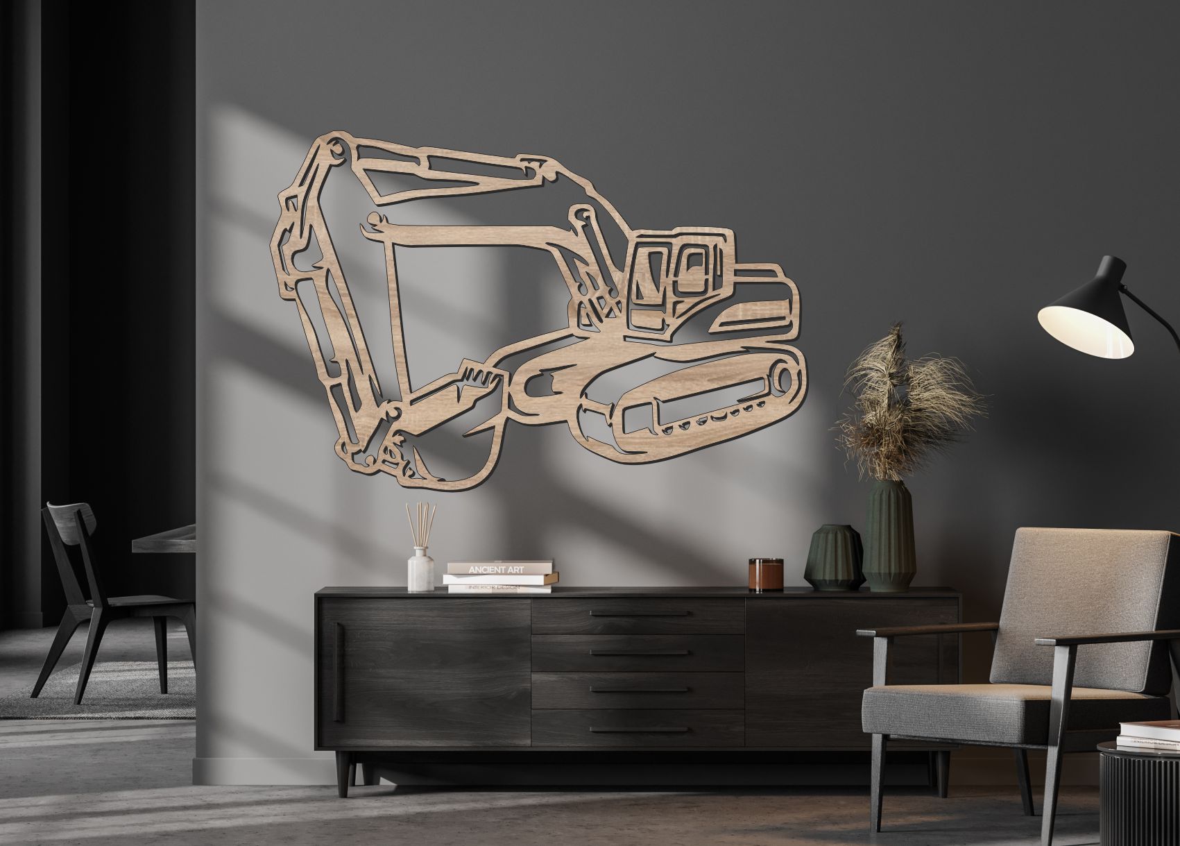 Dřevěný obraz na stěnu – Moderní bagr