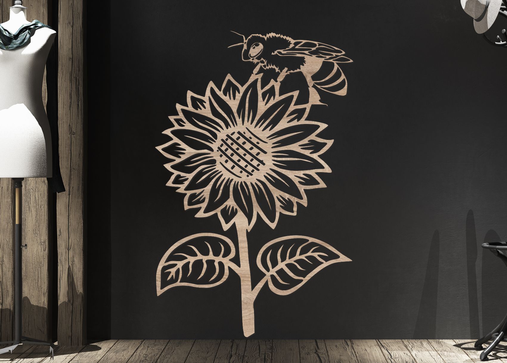 Dřevěný obraz – Slunečnice a včela