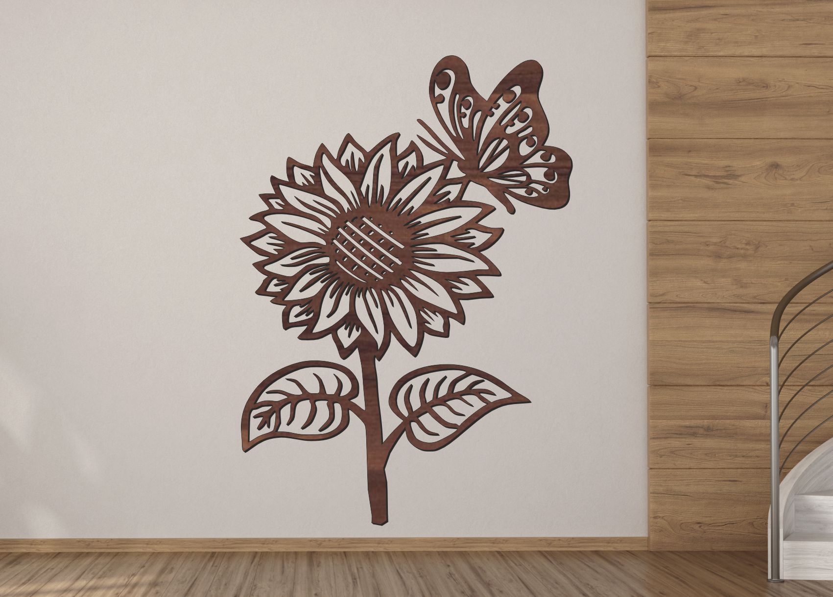 Dřevěný obraz – Slunečnice s motýlem