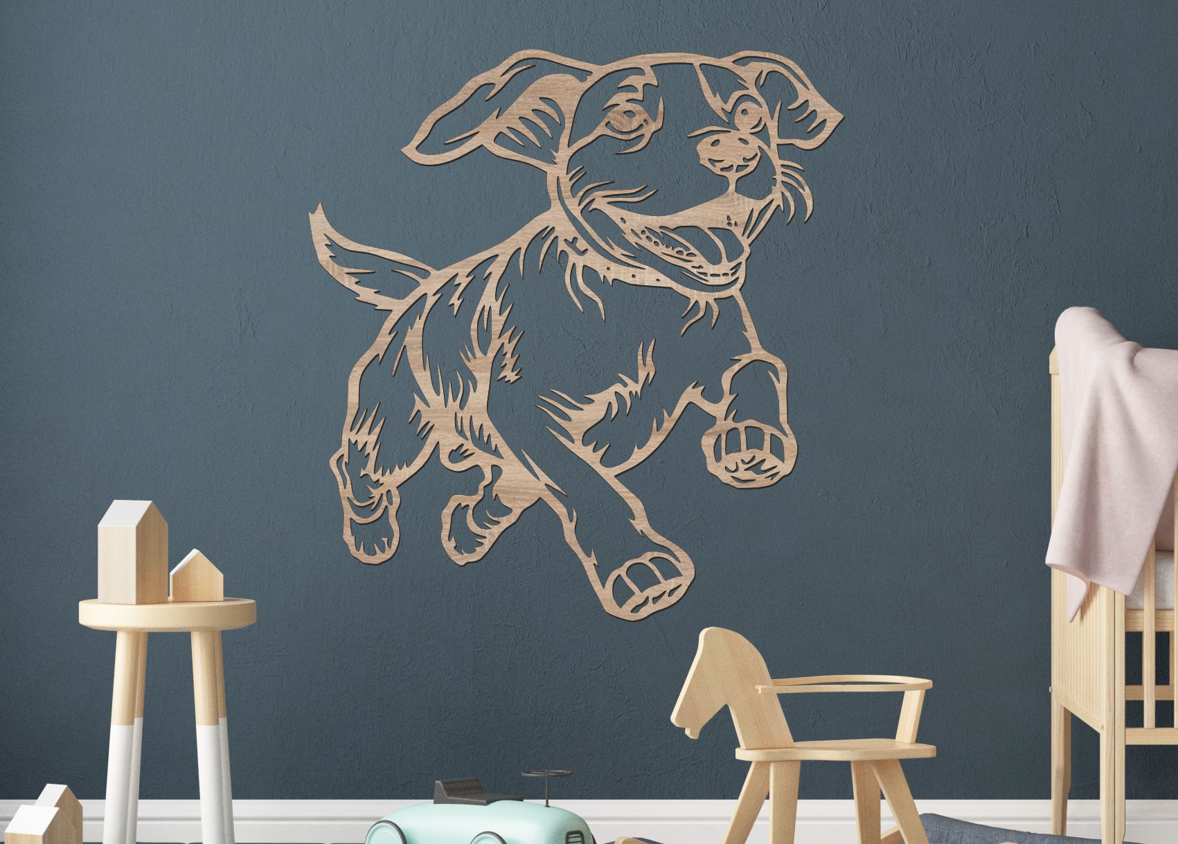 Dřevěný obraz – Běžící pejsek