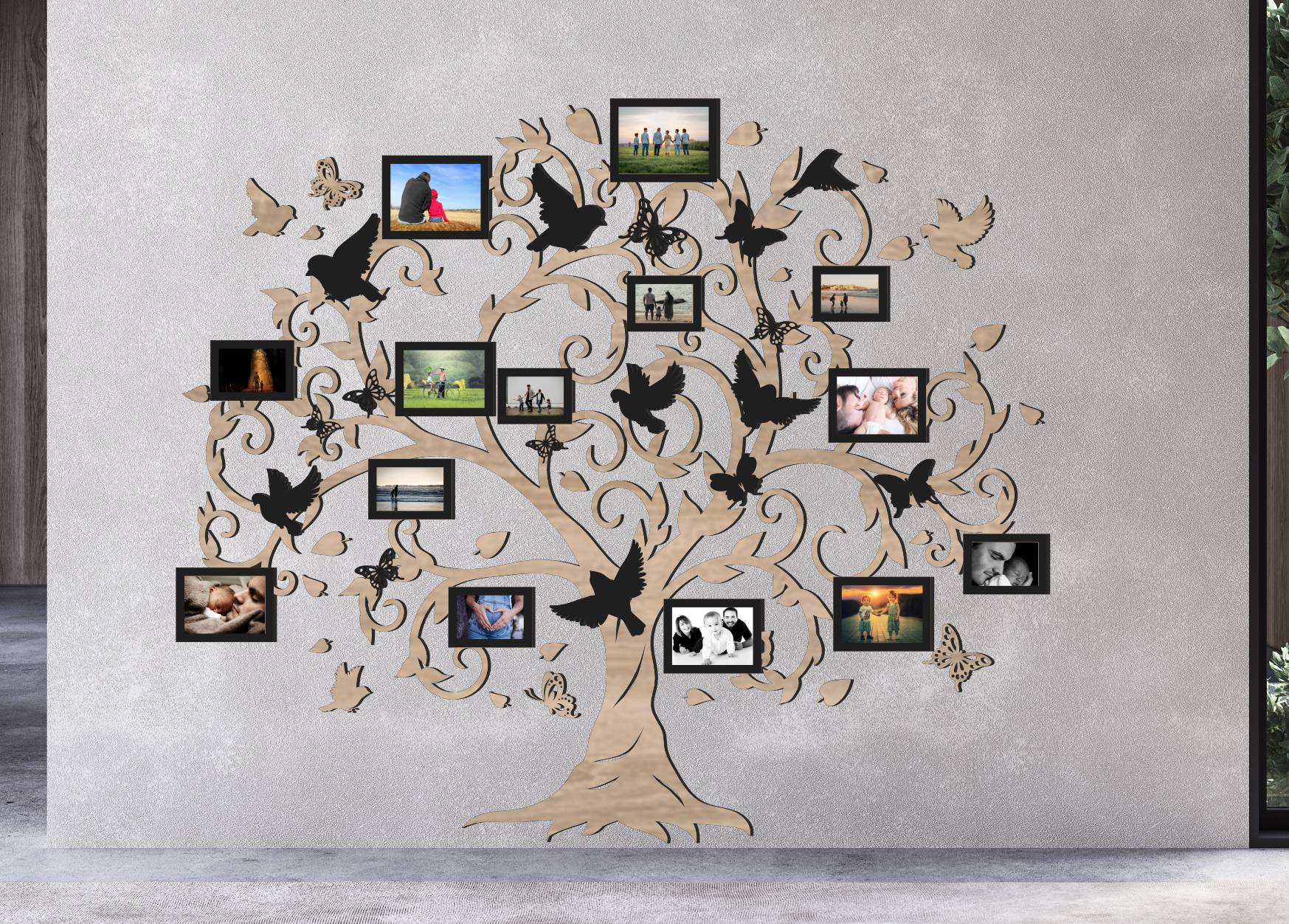 Dřevěný fotorámeček na zeď – Rodinný strom s ptáčky a motýly