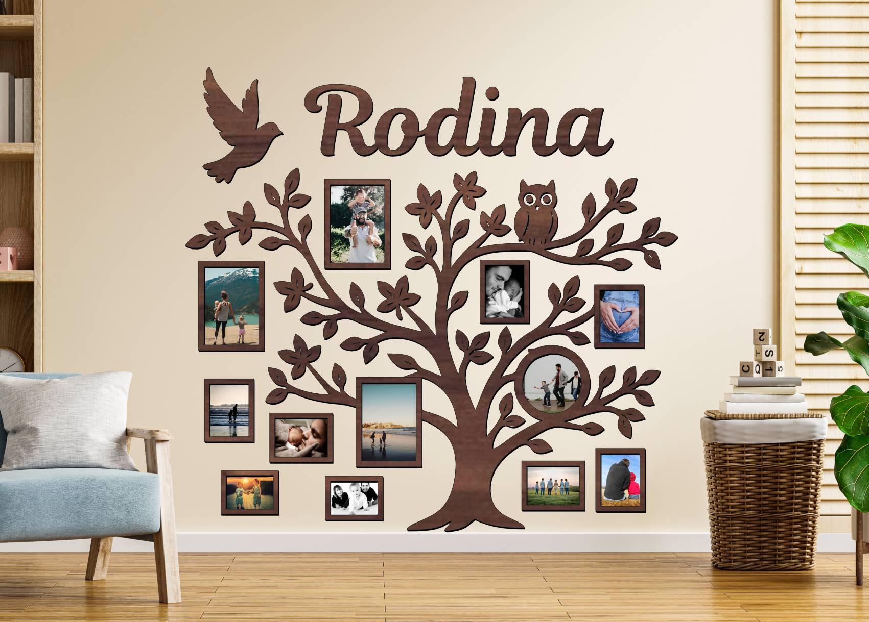 Dřevěný fotorámeček na zeď – Rodinný strom s nápisem