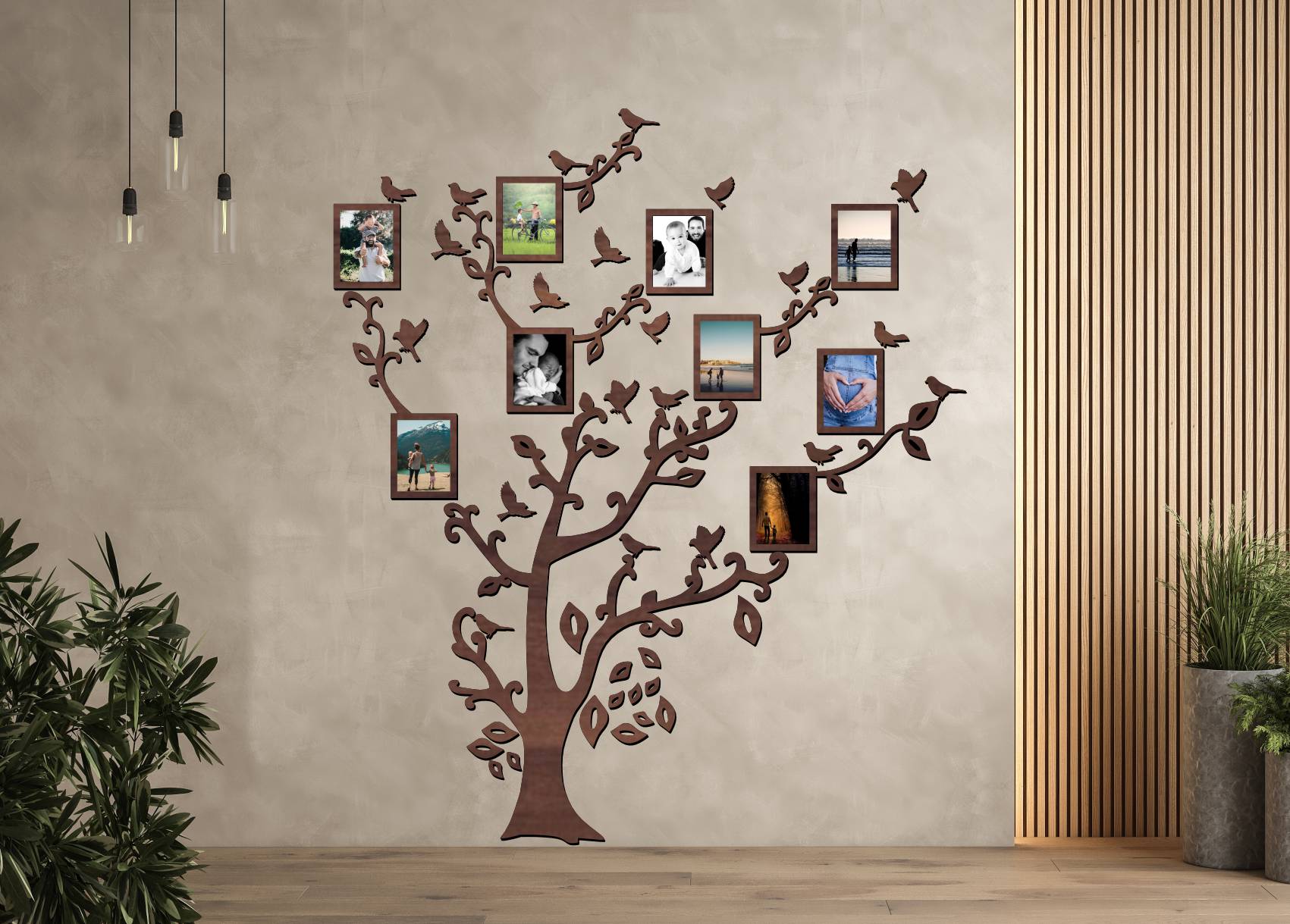 Dřevěný fotorámeček na zeď – Rodinný strom s ptáčky