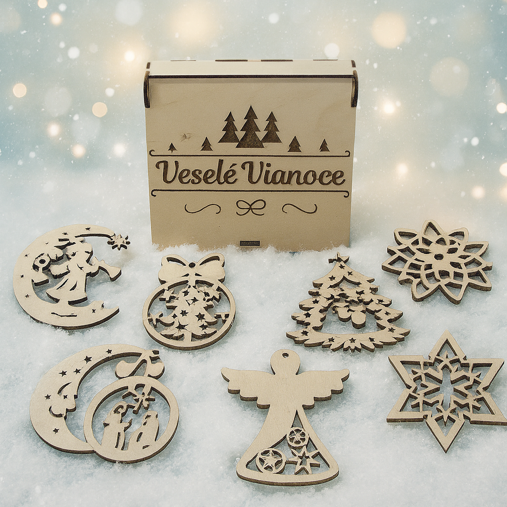 Sada dřevěných vánočních ozdob – Veselé Vánoce (8 ks)