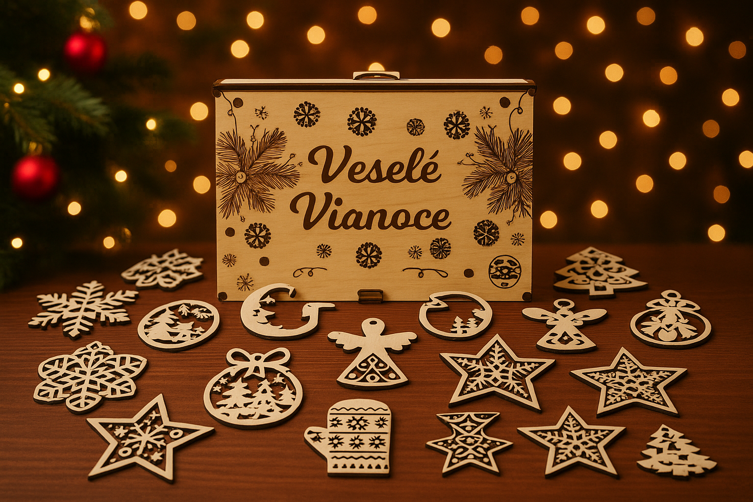Dřevěné vánoční ozdoby v dárkové krabičce – Veselé Vánoce (18 ks)