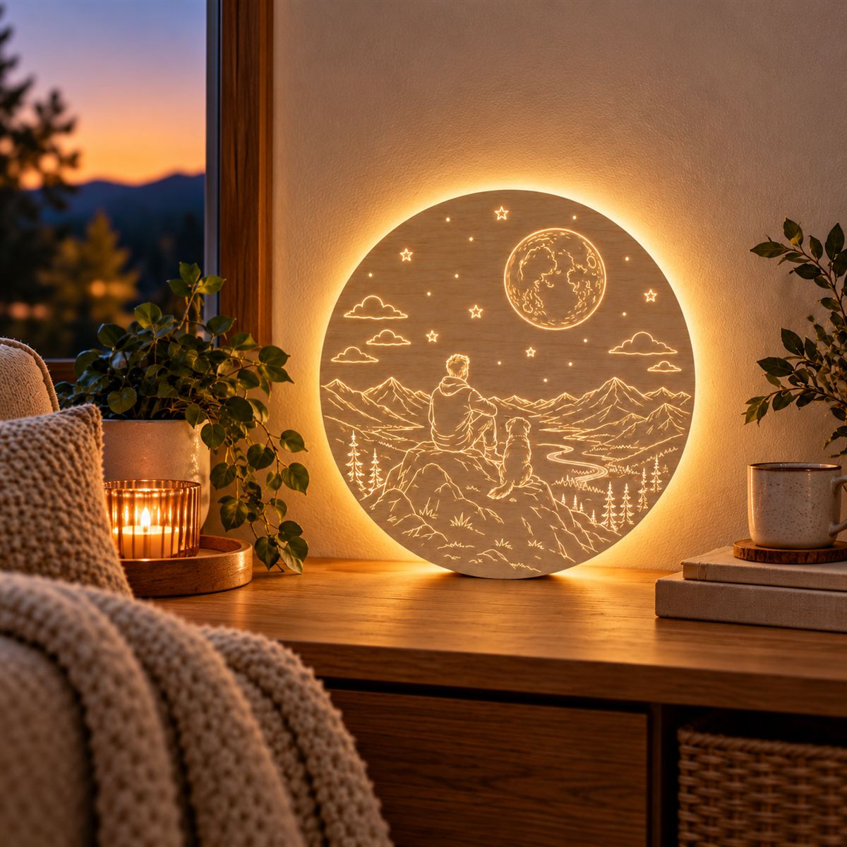 Dřevěná LED lampa - Muž se psem v horách pod měsícem