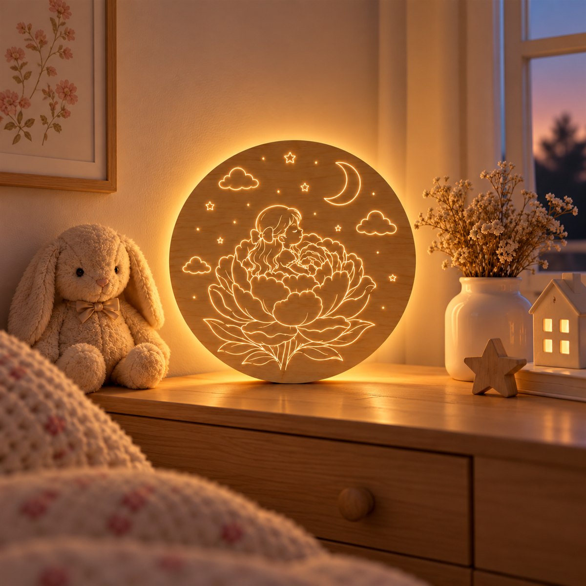Dětská LED lampa – Holčička v pivoňce