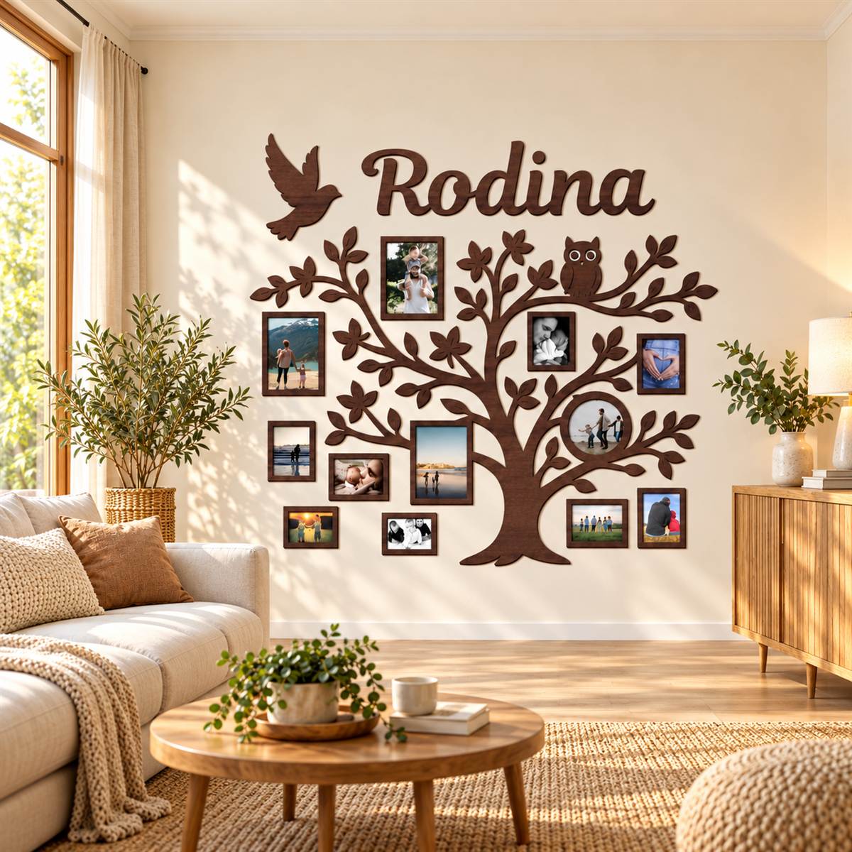 Dřevěný fotorámeček na zeď – Rodinný strom s nápisem