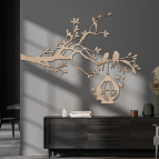 Dřevěný obraz – Větev s ptáky a krmítkem