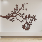 Dřevěný obraz – Větev s ptáky a krmítkem