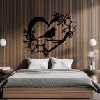 Dřevěný obraz – Srdce s ptáčkem a květinami