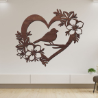 Dřevěný obraz – Srdce s ptáčkem a květinami