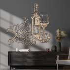 Vinný set – Láhev a sklenka vína – Dřevěný obraz na stěnu