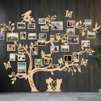Dřevěný fotorámeček na zeď – Rodinný strom s ptáčky
