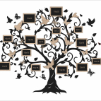 Dřevěný fotorámeček na zeď – Rodinný strom s ptáčky a motýly