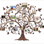 Dřevěný fotorámeček na zeď – Rodinný strom s ptáčky a motýly