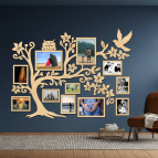 Dřevěný fotorámeček na zeď – Rodinný strom se sovičkou a ptáčkem