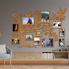 Dřevěný fotorámeček na zeď – Rodinný strom se sovičkou a ptáčkem