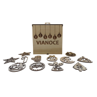 Dřevěné vánoční ozdoby v dárkové krabičce – Veselé Vánoce (12 ks)