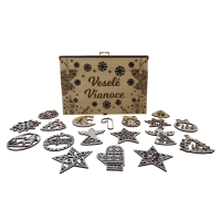 Dřevěné vánoční ozdoby v dárkové krabičce – Veselé Vánoce (18 ks)