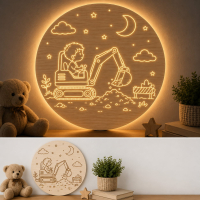 Dětská LED lampa na stěnu - Chlapec na bagru pod hvězdnou oblohou