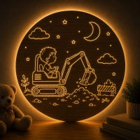 Dětská LED lampa na stěnu - Chlapec na bagru pod hvězdnou oblohou