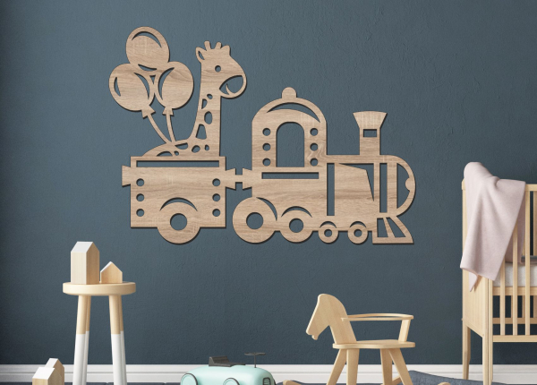 Dřevěný obrázek do dětského pokoje – Vláček se žirafou