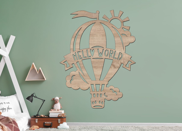 Dřevěný obrázek do dětského pokoje – Balón Hello World