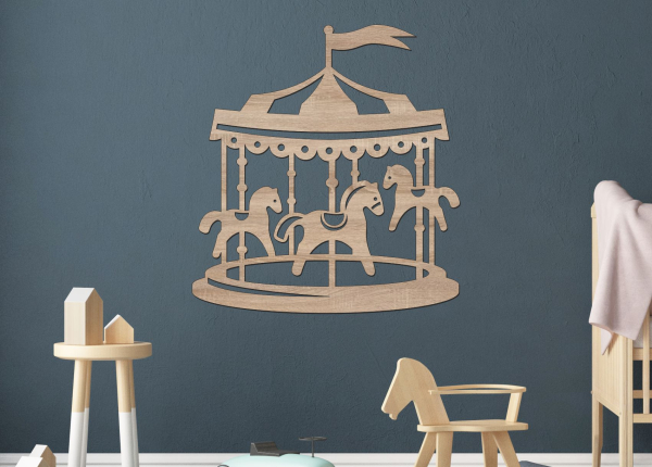 Dřevěný obrázek do dětského pokoje – Kolotoč s koníky