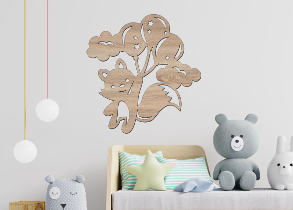 Dřevěný obrázek do dětského pokoje – Liška s balónky