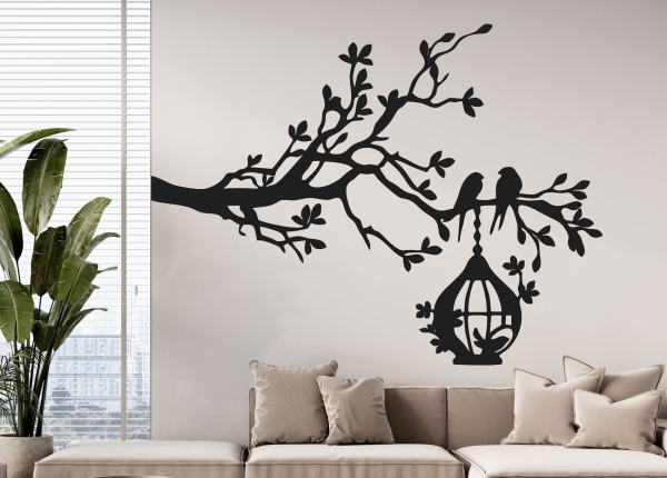 Dřevěný obraz – Větev s ptáky a krmítkem