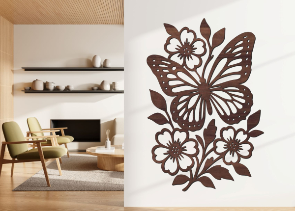 Dřevěný obraz na stěnu – Květiny s motýlem