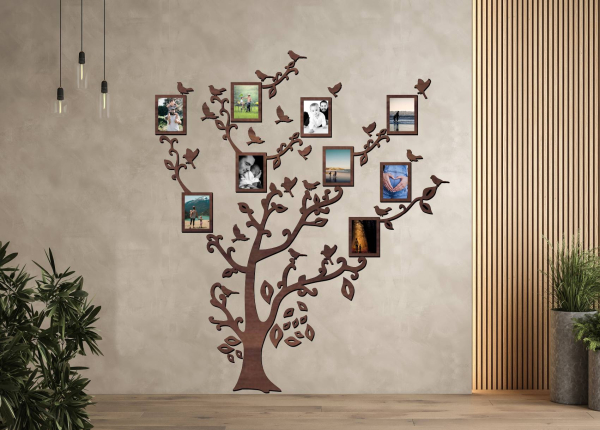 Dřevěný fotorámeček na zeď – Rodinný strom s ptáčky