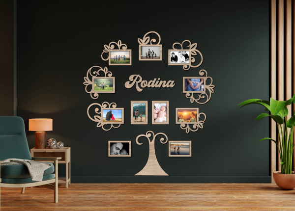Dřevěný fotorámeček na zeď – Rodinný strom s nápisem