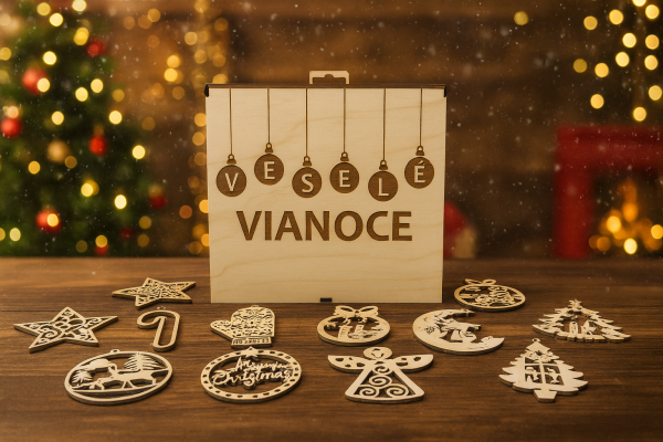 Dřevěné vánoční ozdoby v dárkové krabičce – Veselé Vánoce (12 ks)