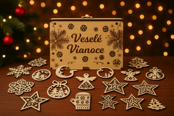 Dřevěné vánoční ozdoby v dárkové krabičce – Veselé Vánoce (18 ks)