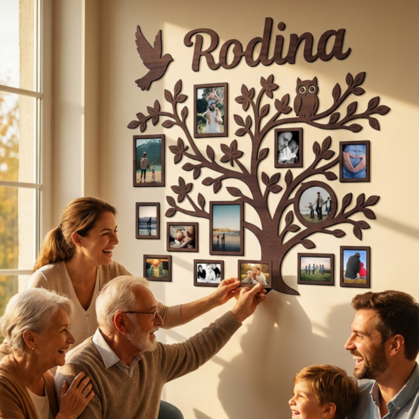 Dřevěný fotorámeček na zeď – Rodinný strom s nápisem