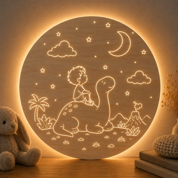 Dřevěná LED lampa na stěnu - Holčička pod měsícem se jménem